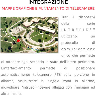INTEGRAZIONE MAPPE GRAFICHE E PUNTAMENTO DI TELECAMERE Tutti i dispositivi della serie INTREPIDTM utilizzano un protocollo di comunicazione unico che permette di ottenere ogni secondo lo stato dell’intero perimetro. L’interfacciamento permette di posizionare automaticamente telecamere PTZ sulla porzione in allarme, visualizzare la singola zona in allarme, individuare l’intruso, ricevere allegati con immagini ed altro ancora.